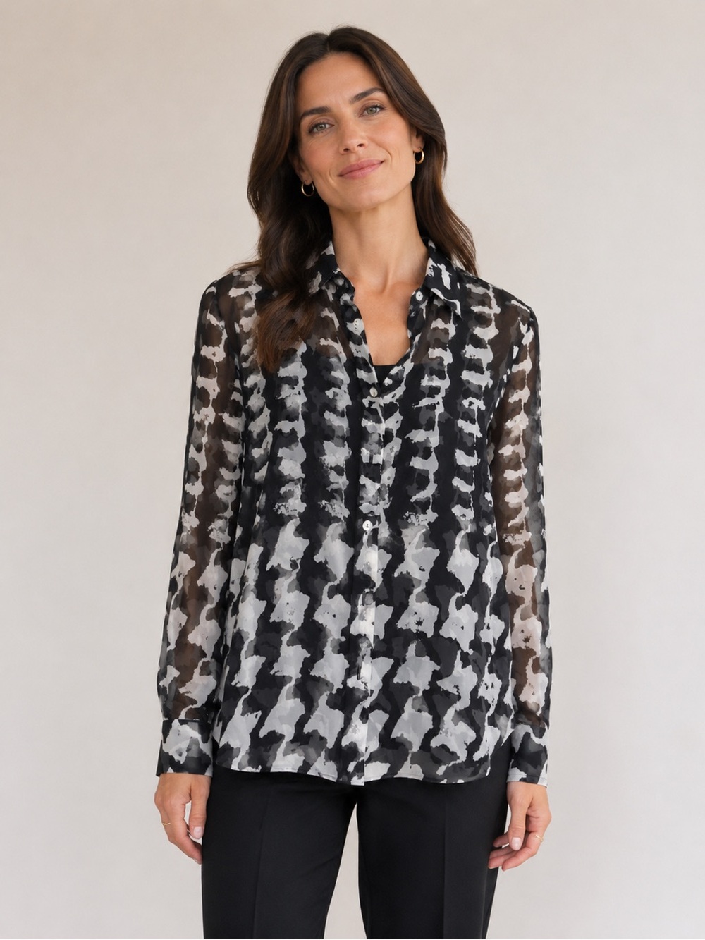MONDI Sheer Abstract Print Button Front Blouse Black White Size 38